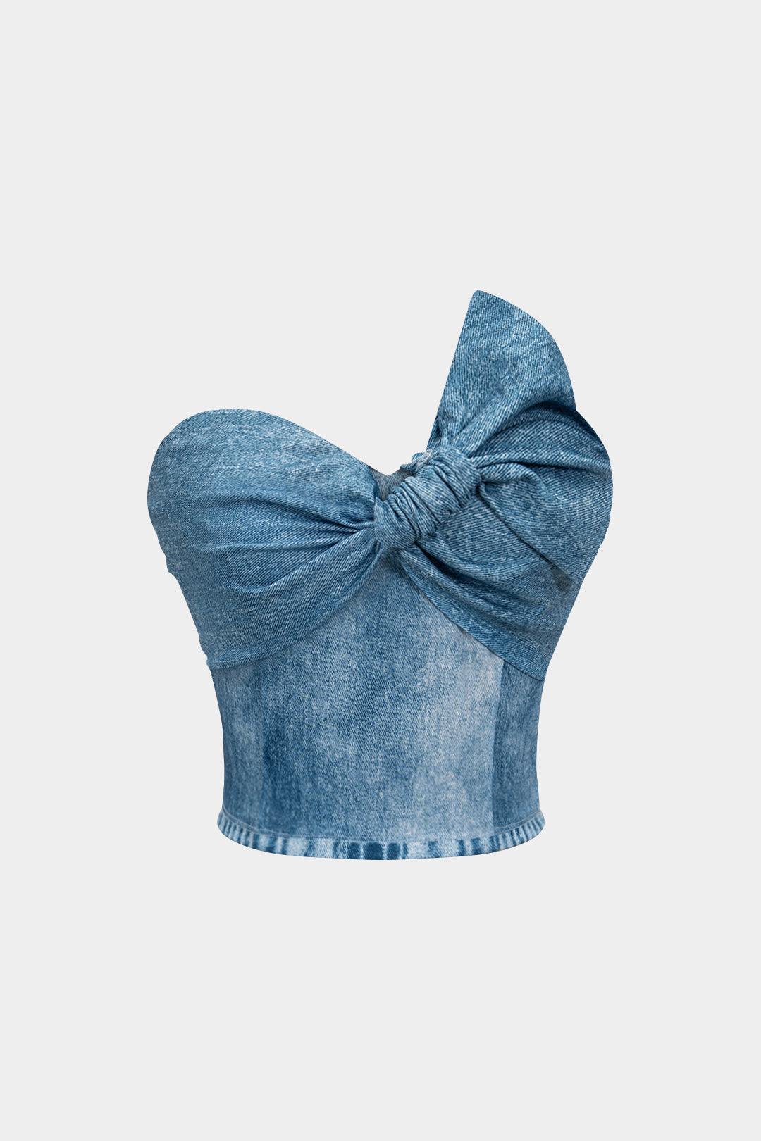 Denim asymmetrische strapless top met gedraaid detail