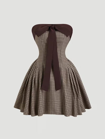 Retro Pied-de-Poule Jurk met Strik