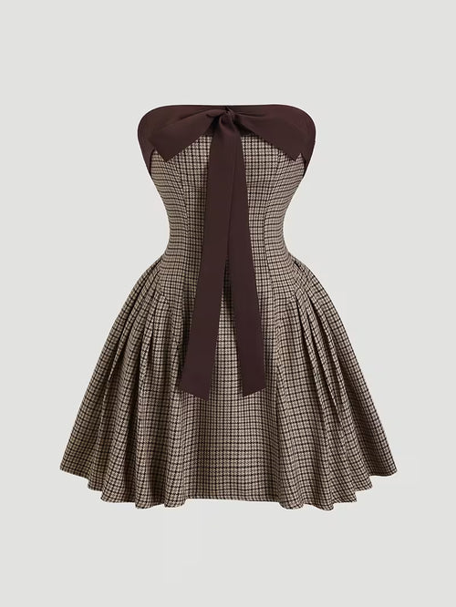 Retro Pied-de-Poule Jurk met Strik