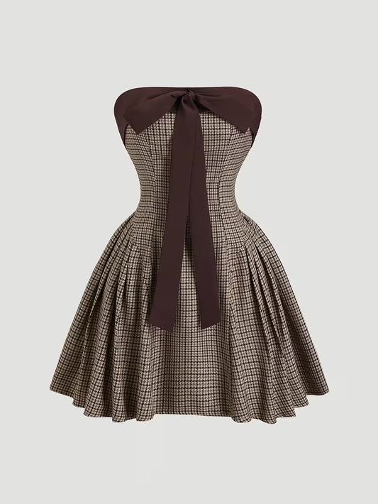 Retro Pied-de-Poule Jurk met Strik