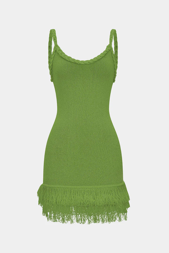Open Knit Fringe Braided Backless Slip Sleeveless Mini Dress