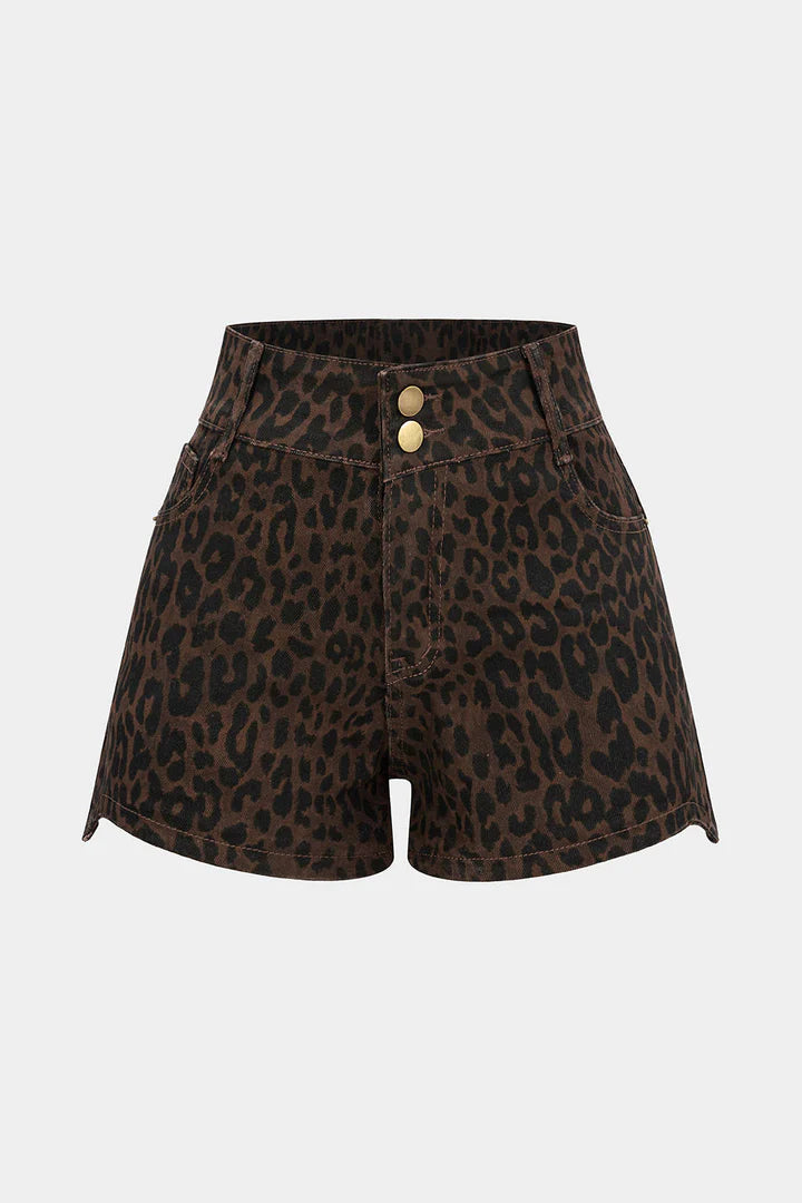 Denim shorts met luipaardprint en hoge taille