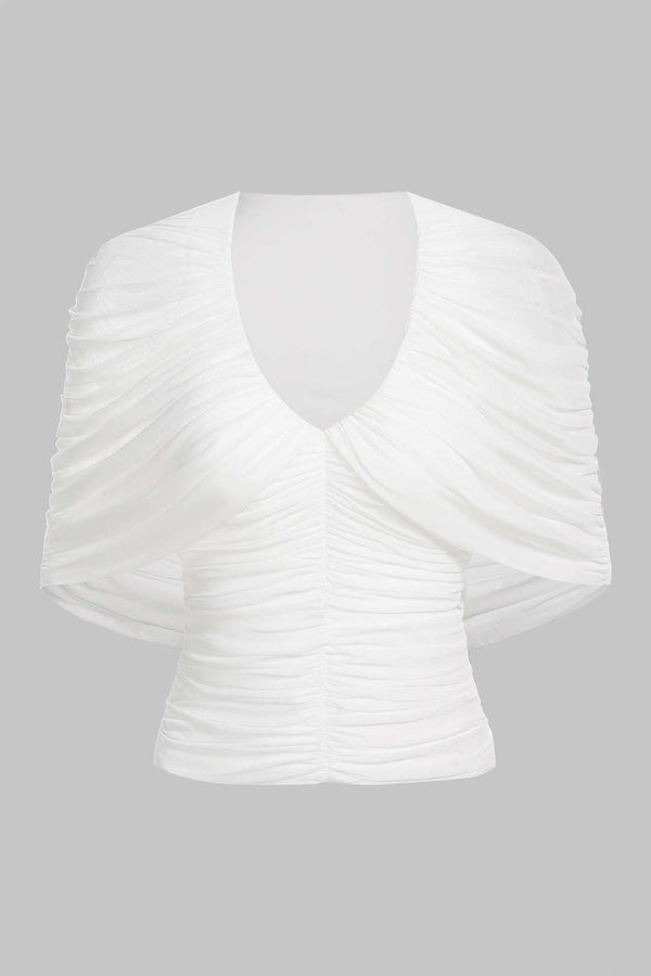 Mesh T-shirt met V-hals en ruches