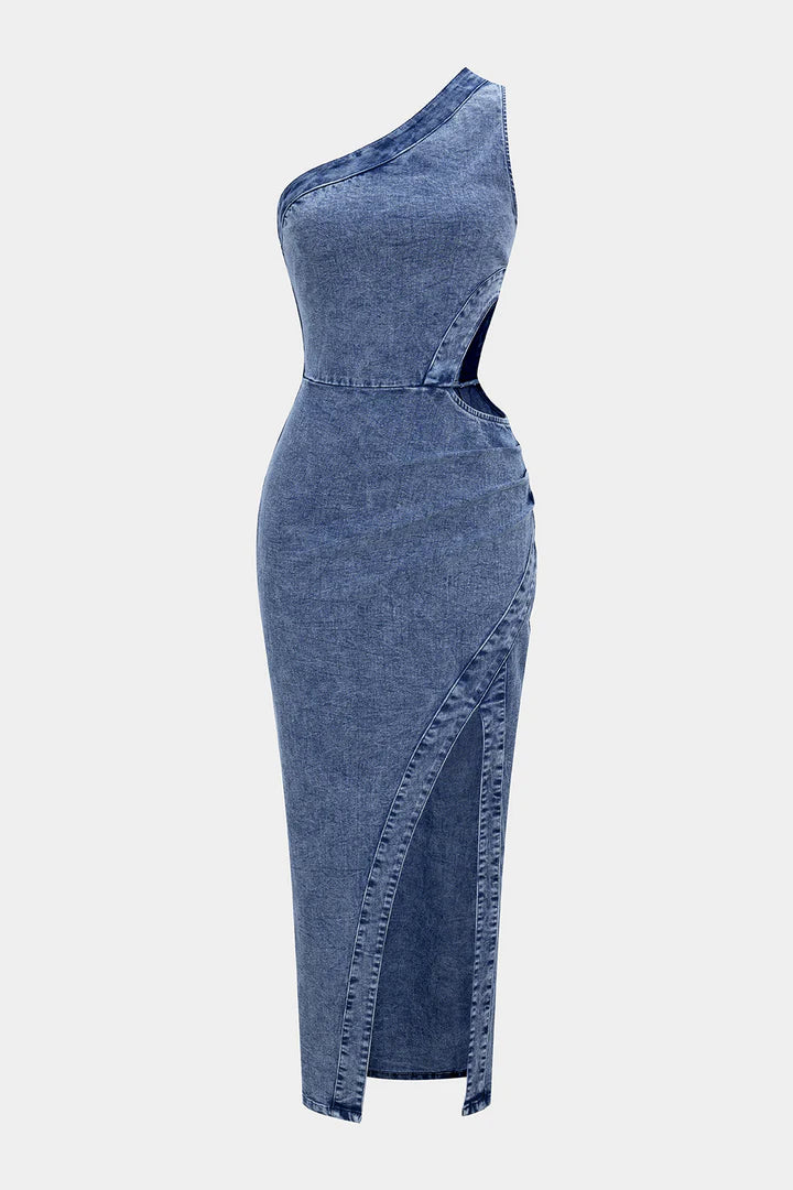 Denim One Shoulder Cut Out Asymmetrical Dress