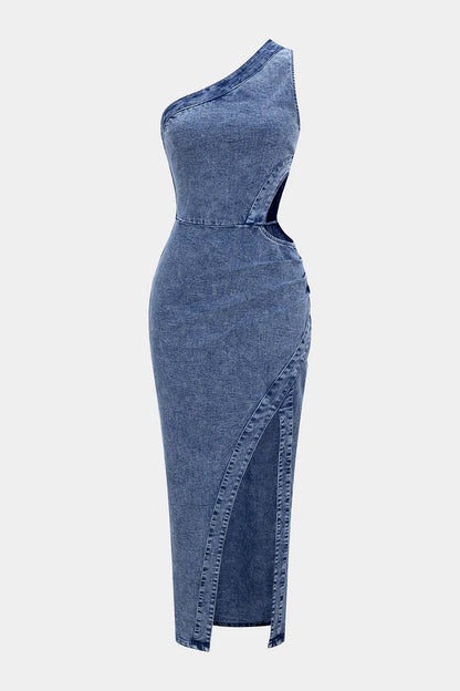 Denim One Shoulder Cut Out Asymmetrical Dress