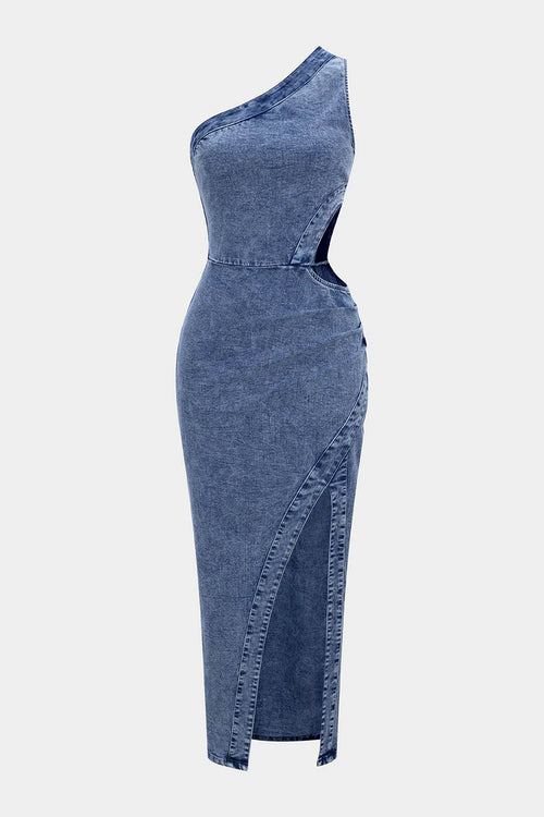 Denim One Shoulder Cut Out Asymmetrical Dress