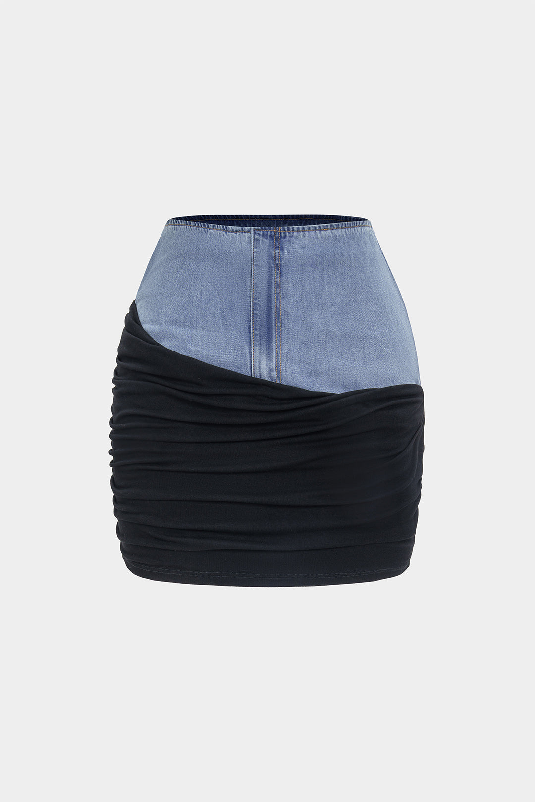 Denim patchwork rok met ruches