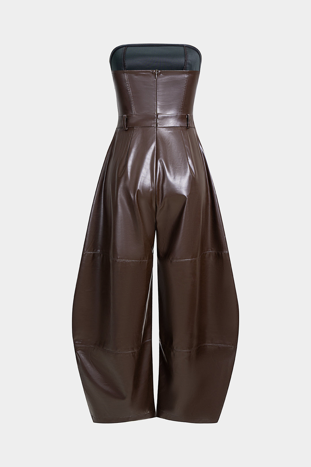 Leren-look jumpsuit met ruches en strapless pasvorm