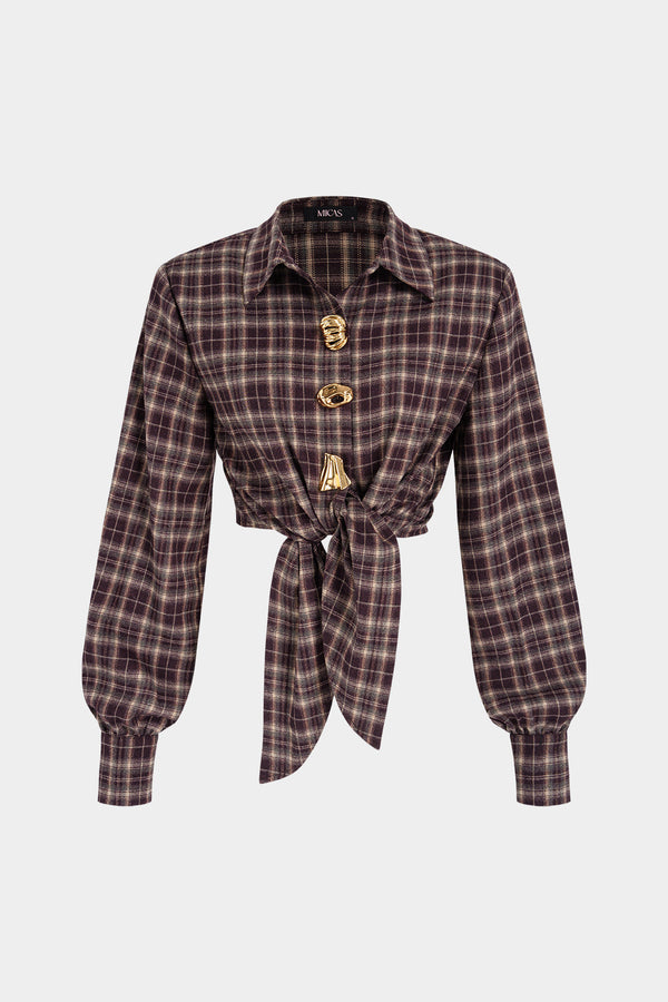 Geruite metallic blouse met knoopjes, strik en lange mouwen