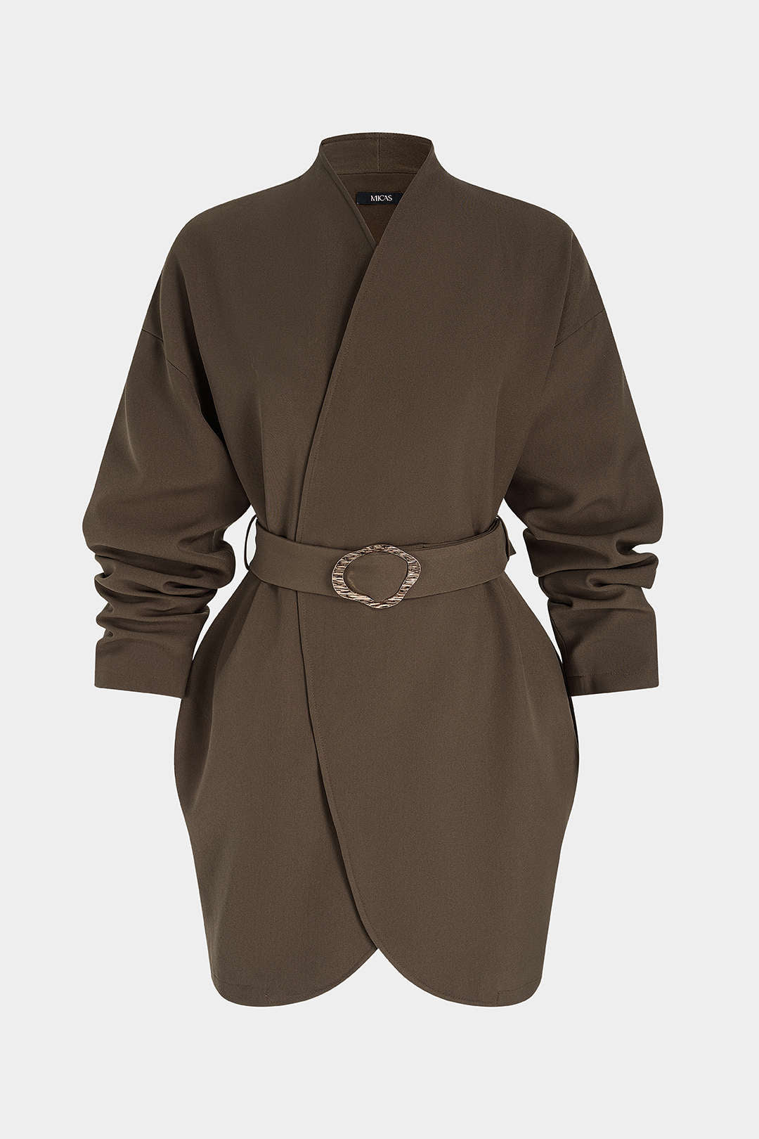 Metallic minijurk met V-hals, riem en lange mouwen