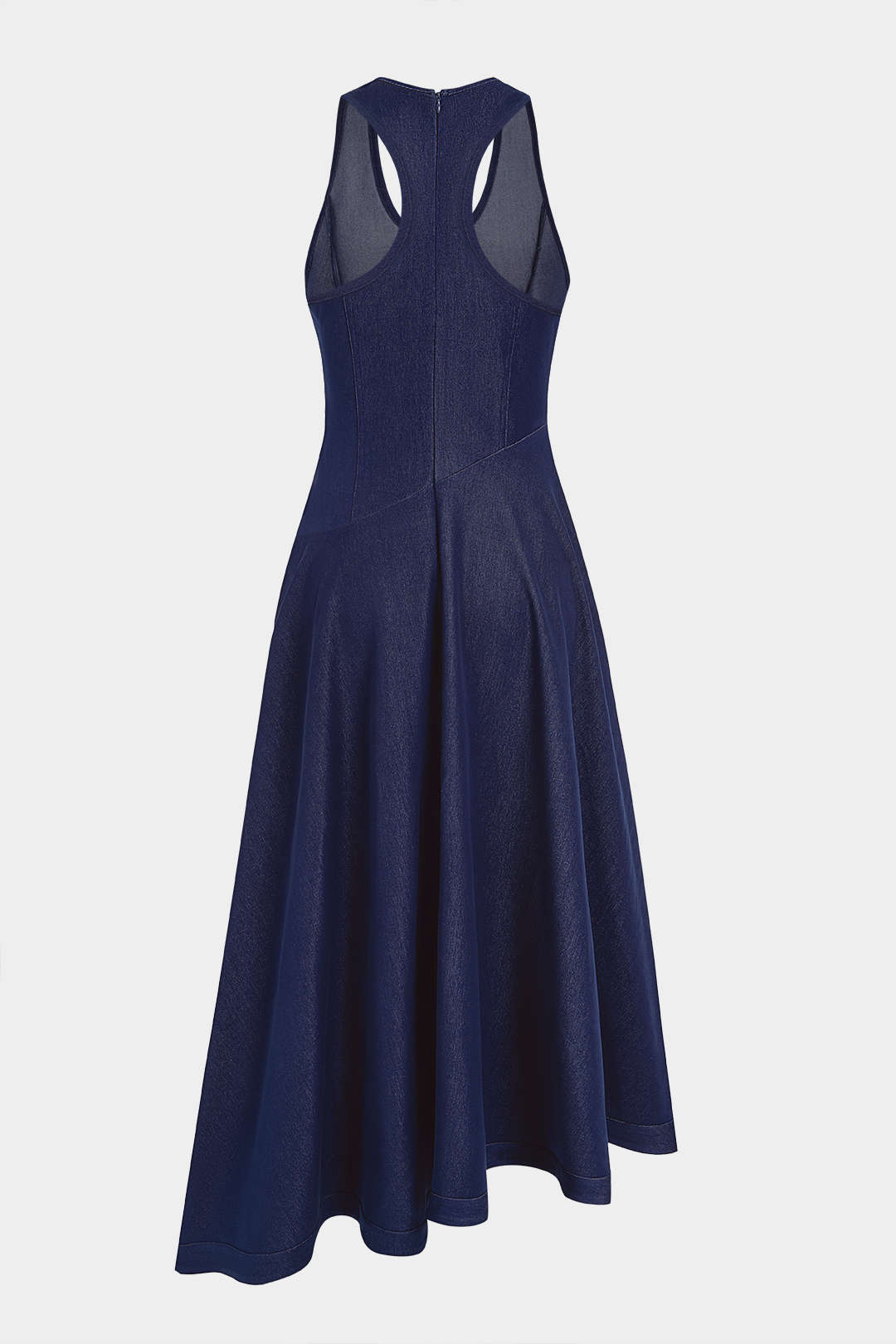 Denim asymmetrische midijurk met ronde hals en ruches
