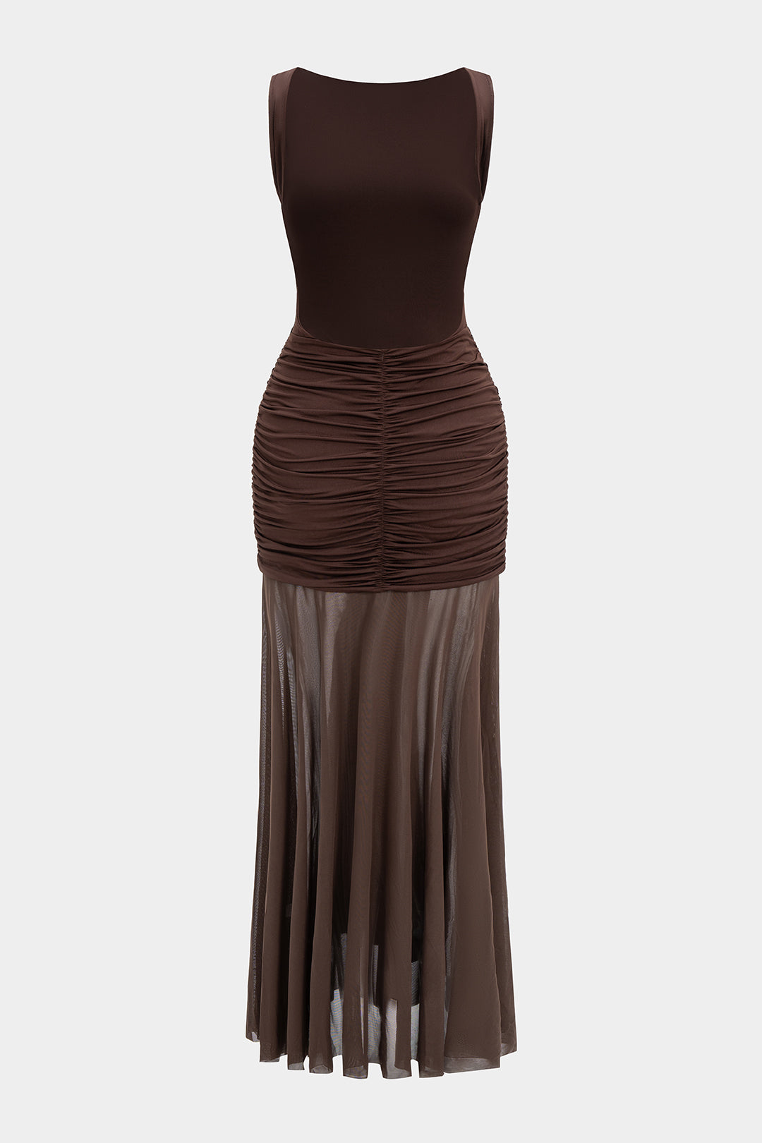 Mesh metallic maxijurk met ruches en open rug