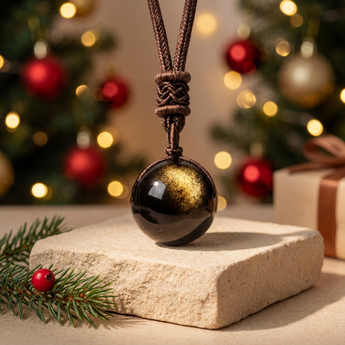 'Keiko’ Goud Obsidiaan Hanger Ketting