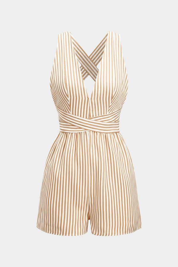 Gestreepte mouwloze playsuit met V-hals en open rug