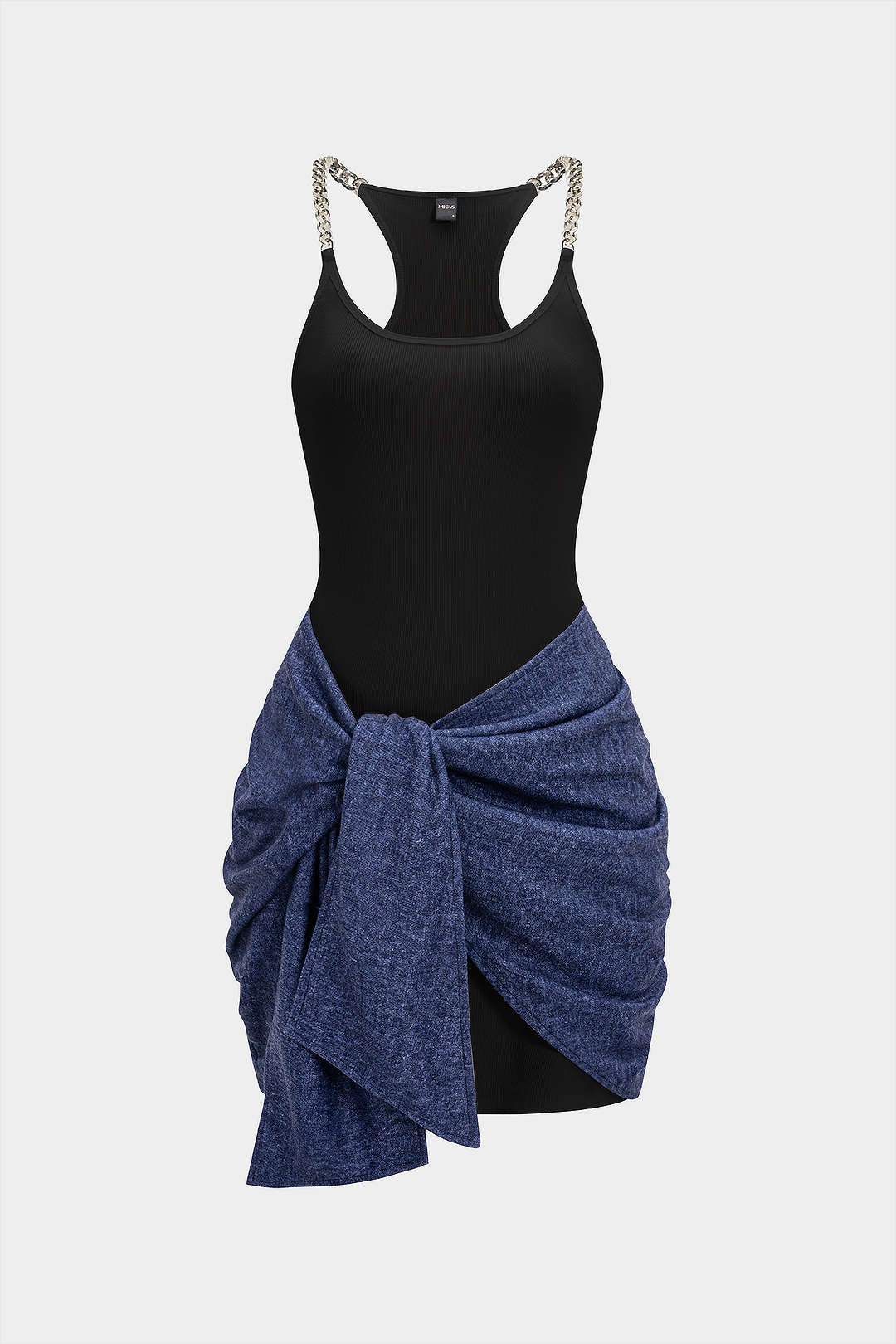 Metallic patchwork minijurk met ruches en kettingdetail