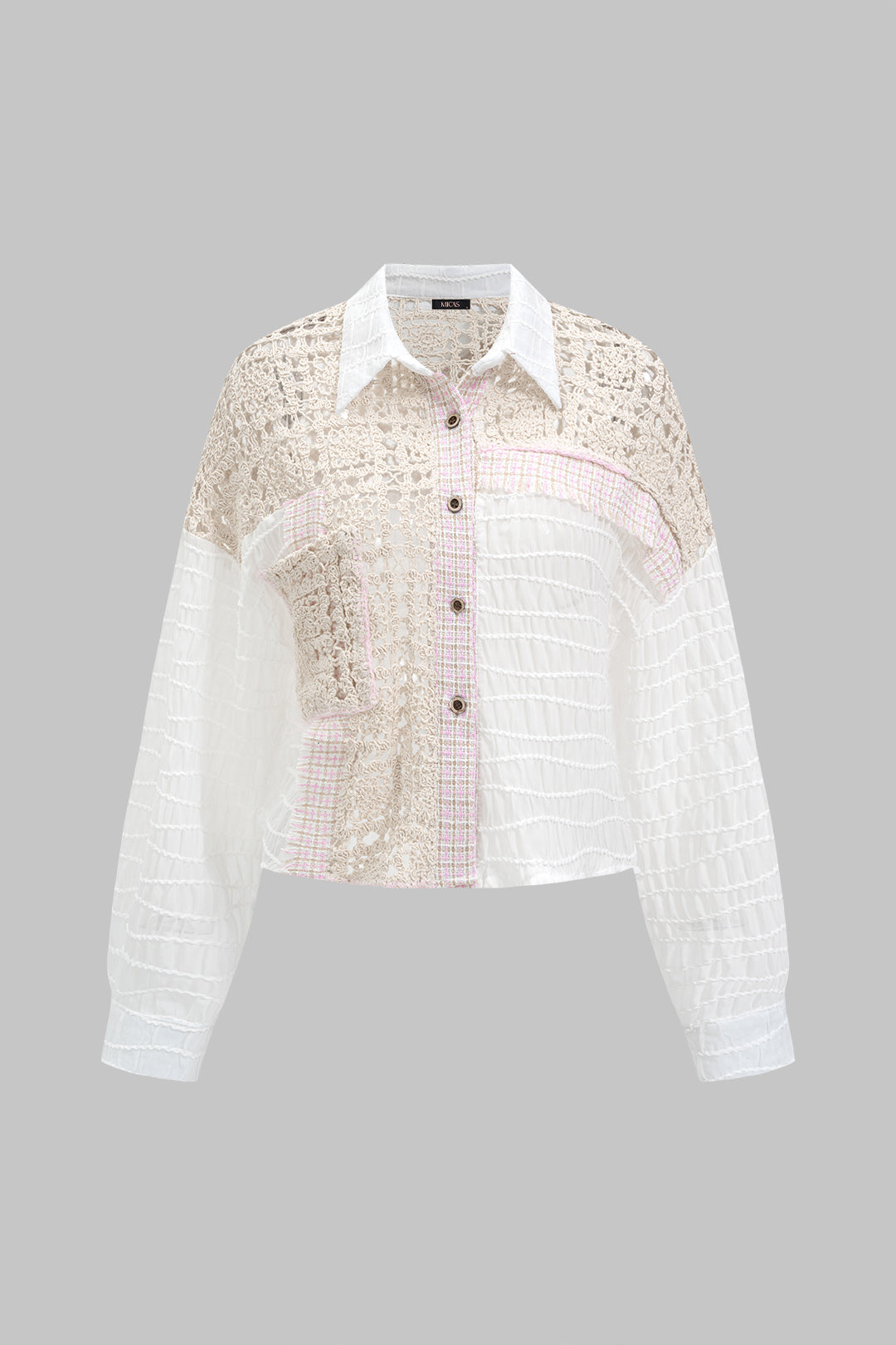 Chiffon patchwork blouse met uitsnijding en lange mouwen