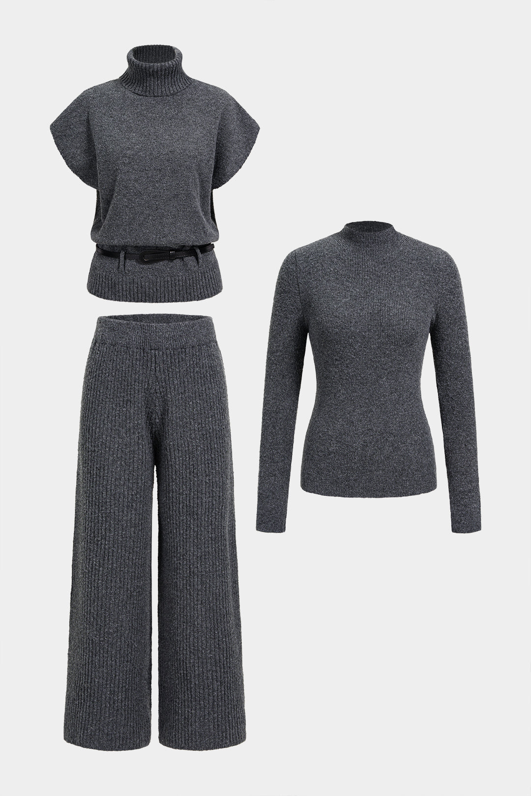 Gebreide broek met col, riem en korte mouwen