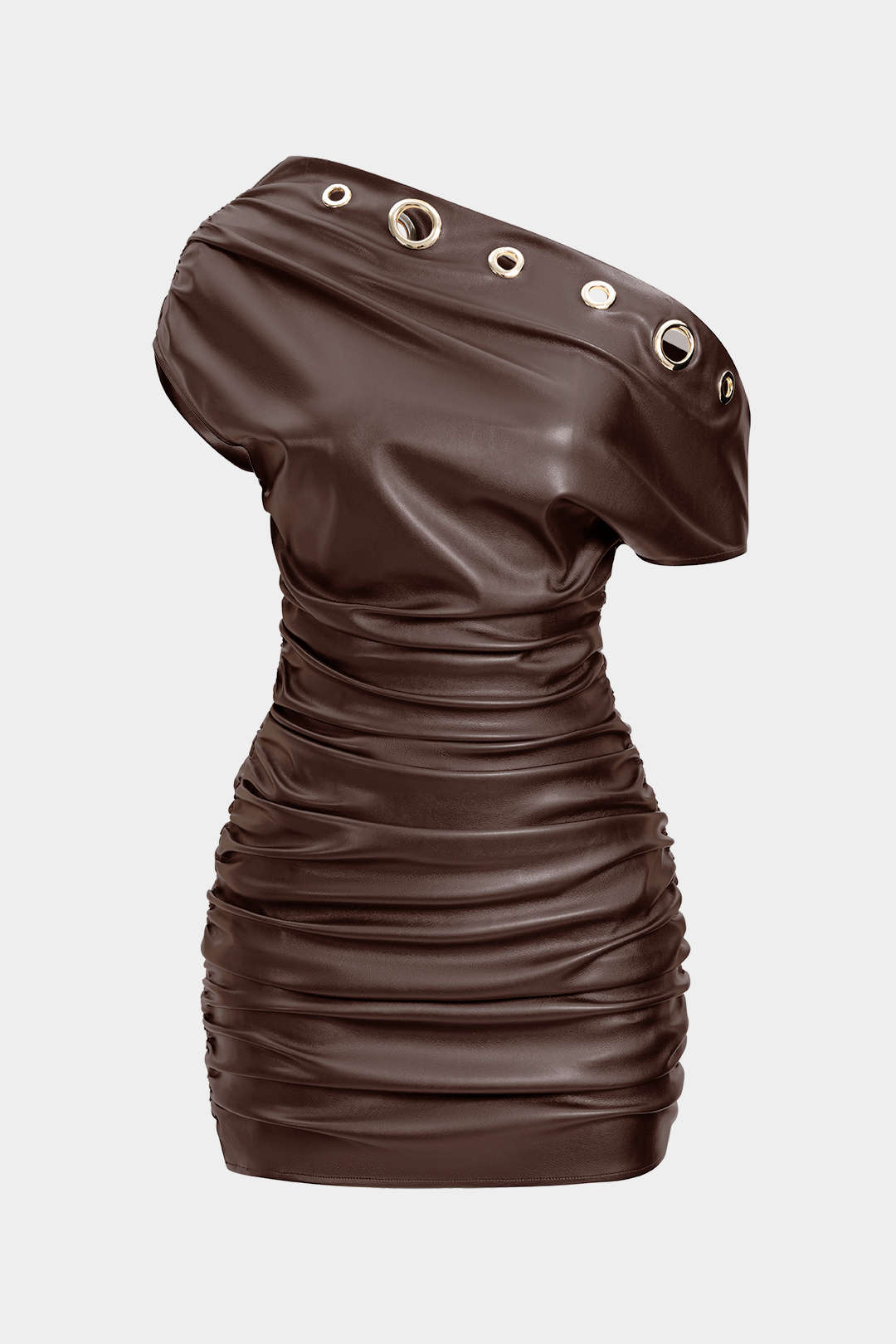 Leren-look metallic minijurk met ruches en één schouder
