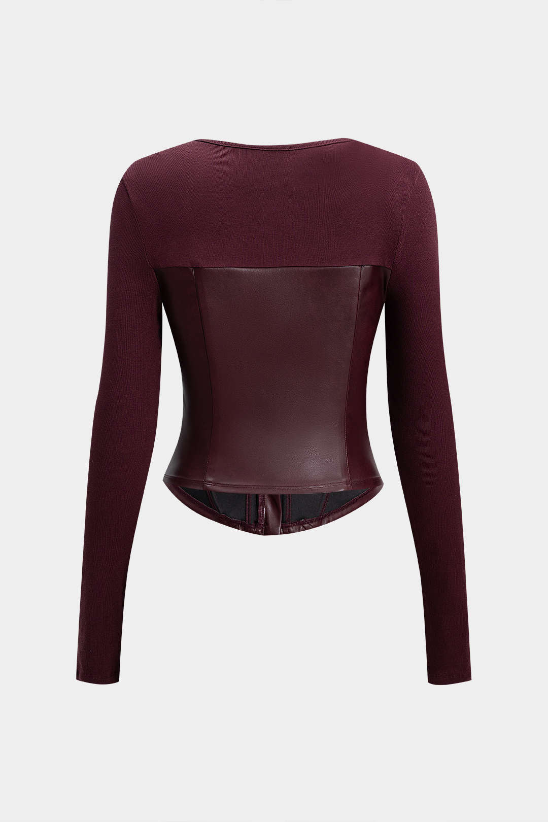 Leren-look patchwork top met rits en lange mouwen