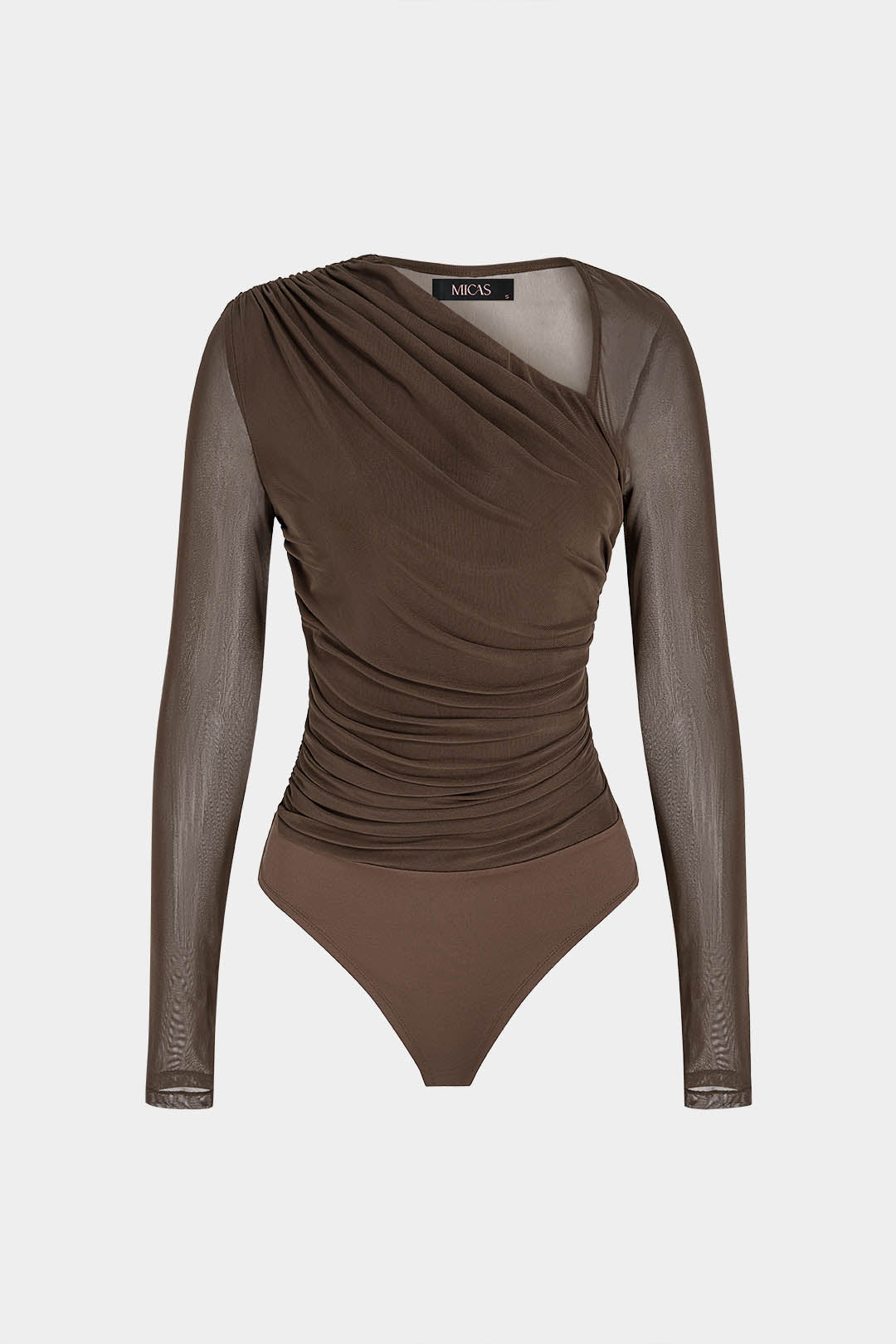 Mesh asymmetrische body met ruches en lange mouwen