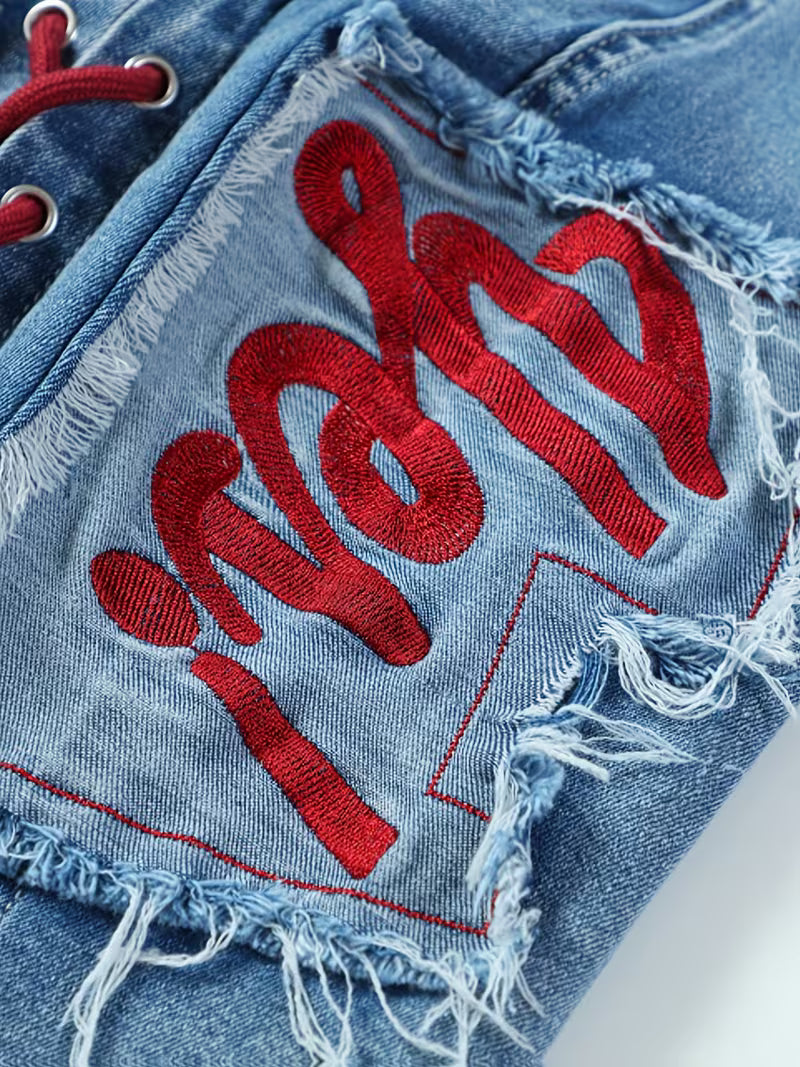 Y2K Denim Halter Top met Geborduurde Patches
