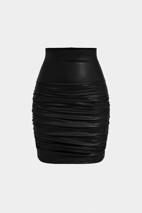 Nadia - Effen leren-look rok met ruches