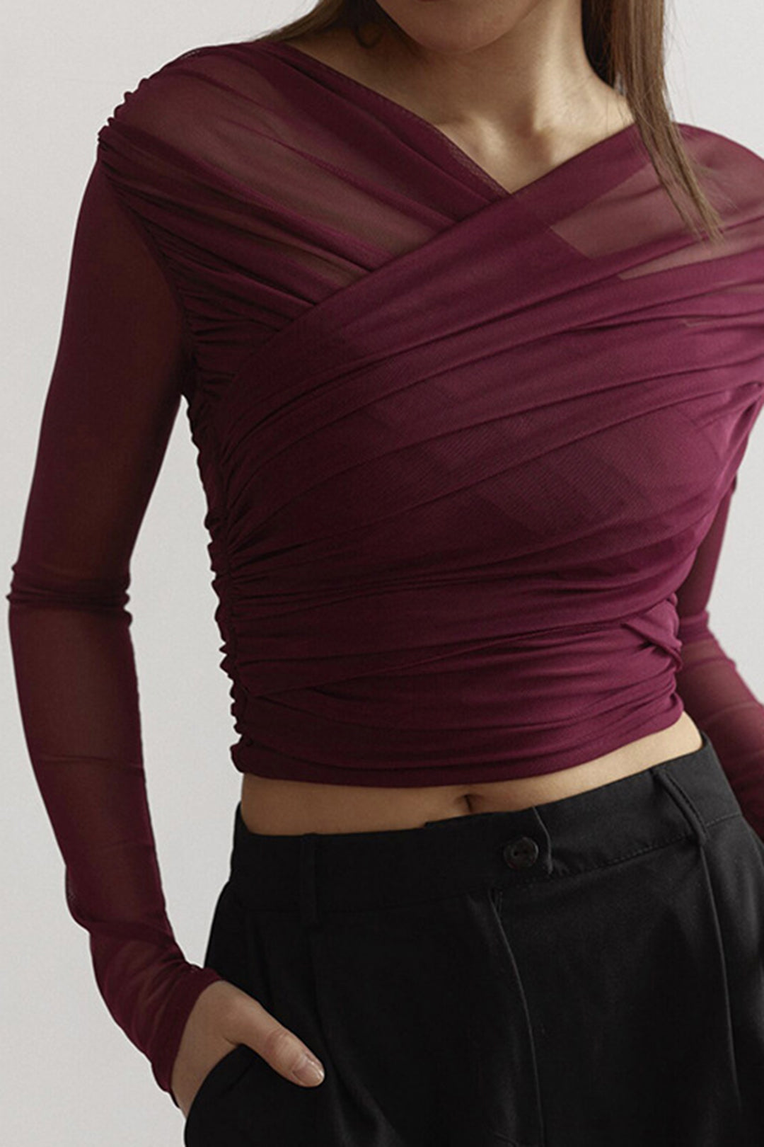 Effen transparante top met ruches en lange mouwen