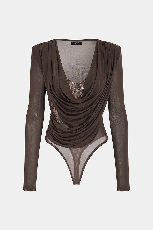 Patchwork mesh body met kant, drapering en watervalhals