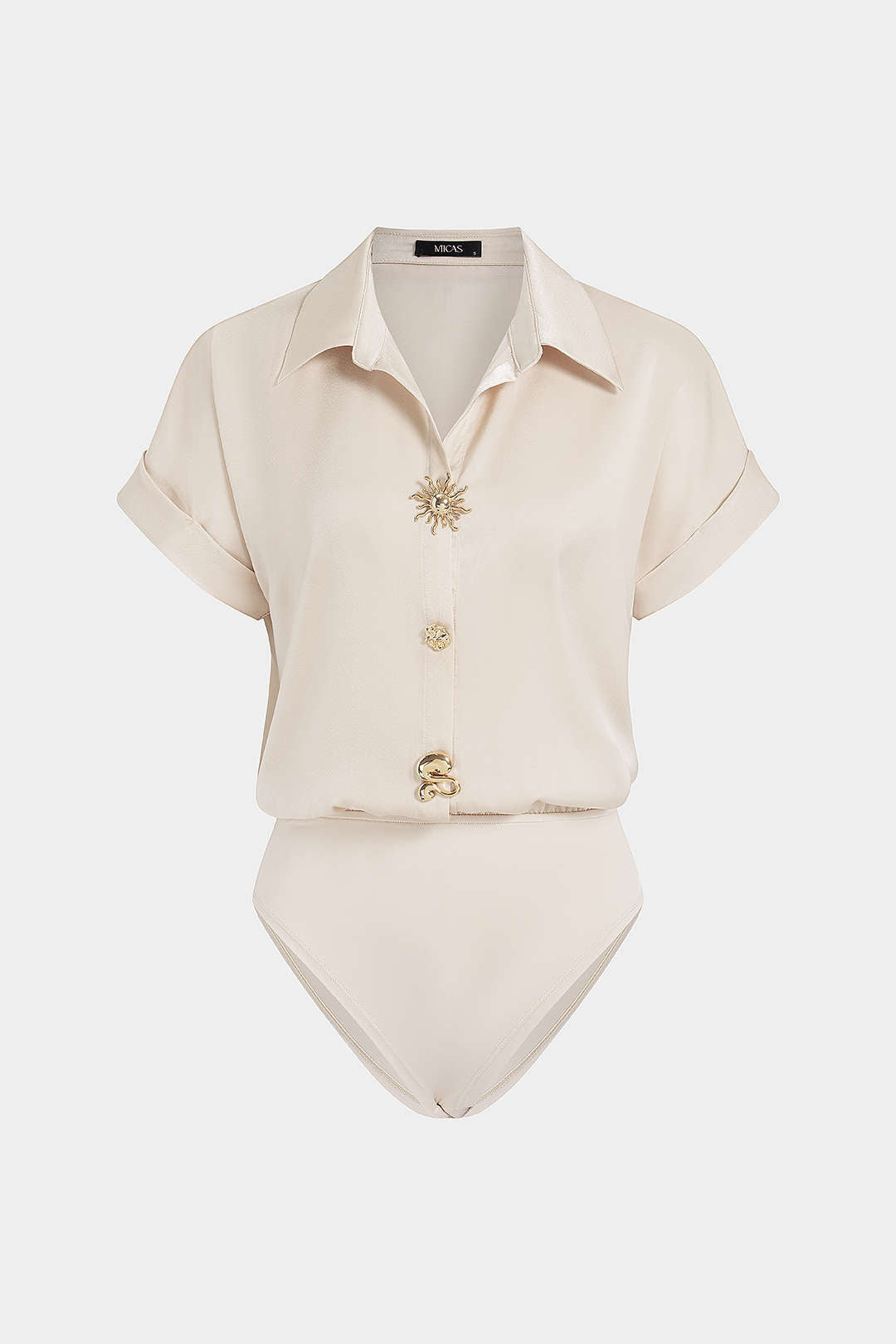 Satijnen metallic body met knoopjes en korte mouwen