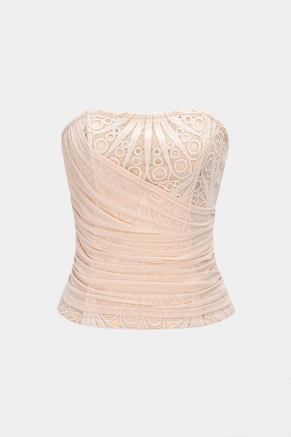 Mesh patchwork strapless top met kant en rits