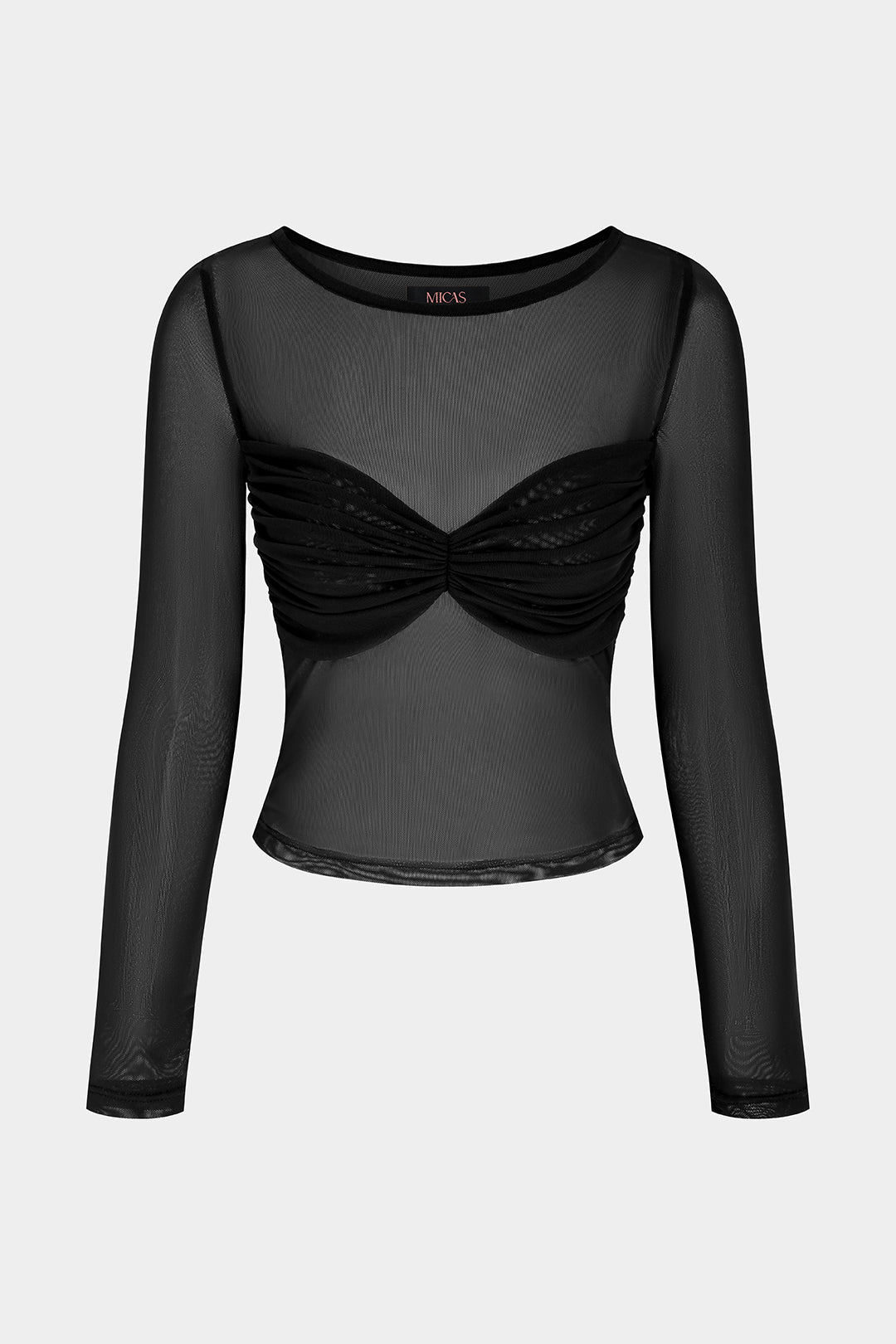 Mesh patchwork top met ronde hals, ruches en lange mouwen