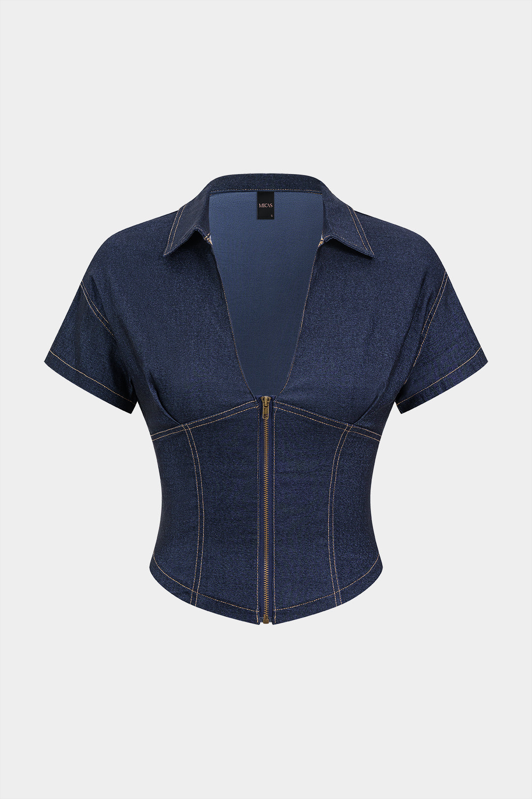 Denim blouse met V-hals, rits en korte mouwen
