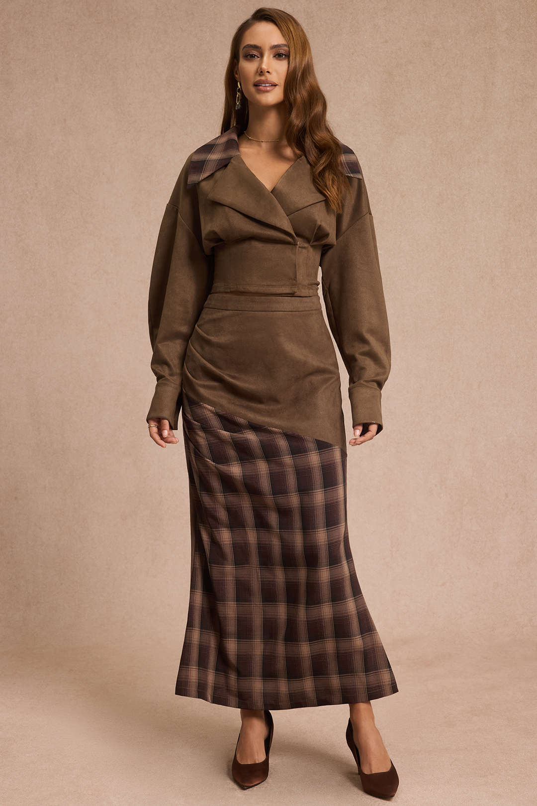 Suède patchwork rok met hoge taille