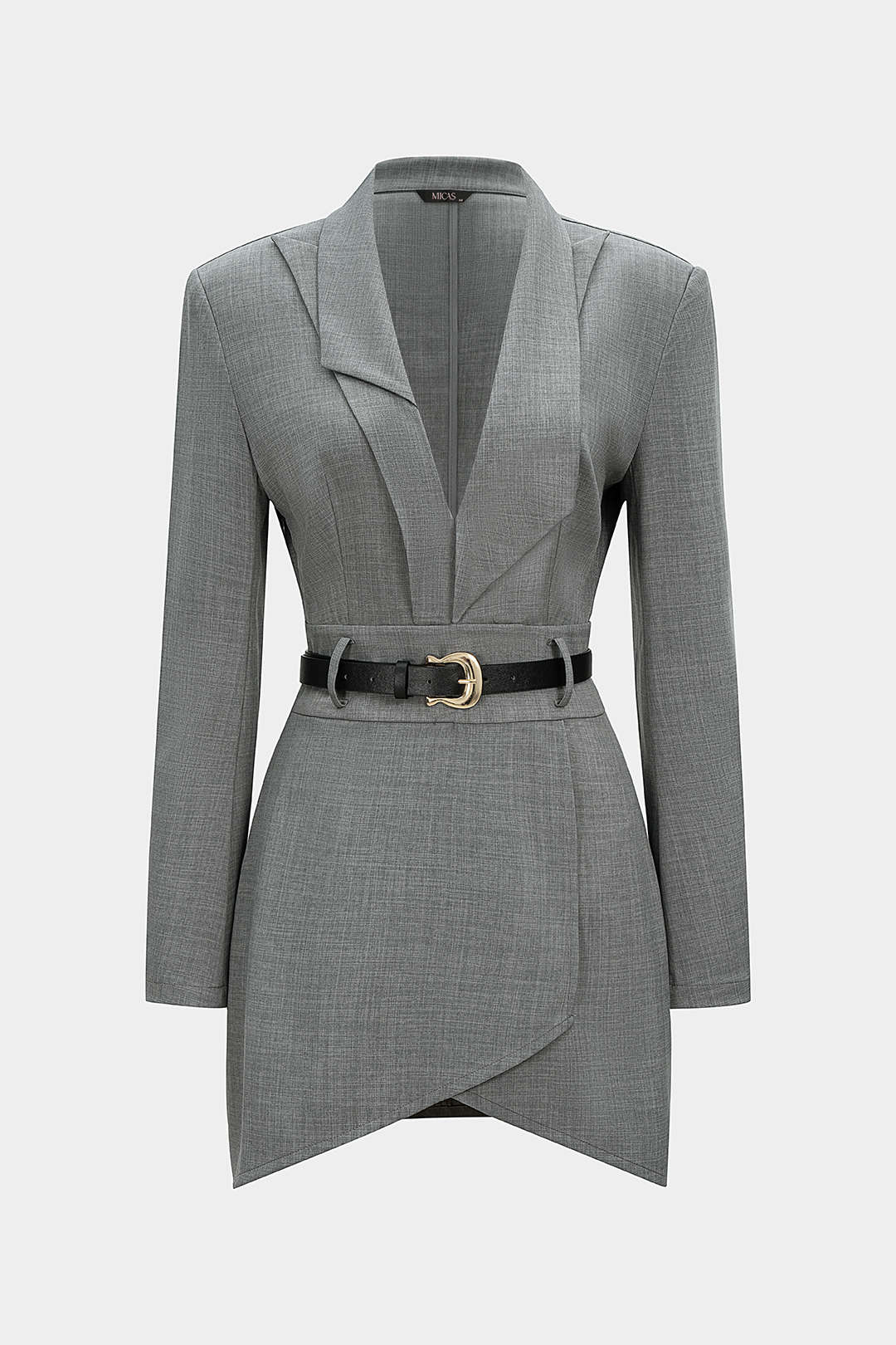 Asymmetrische minijurk met reverskraag, riem en lange mouwen
