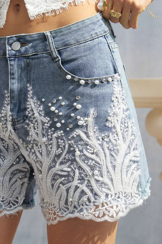 Denim Patchwork Short met Kanten Details