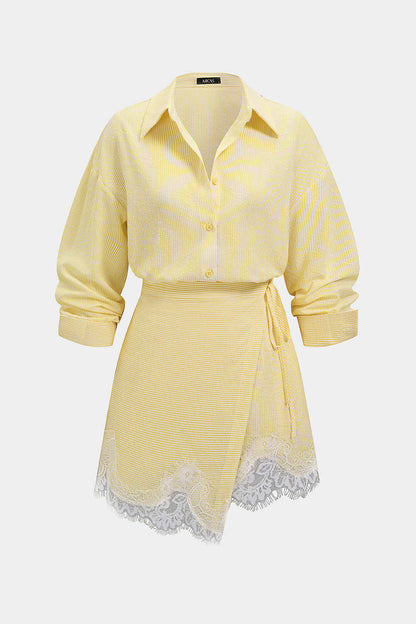 Stripes Print Button Blouse And Wrap Tie-Up Mini Skirt Set