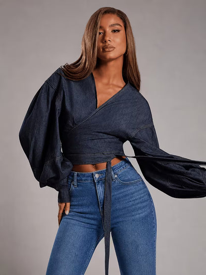 Denim Wikkelblouse met Pofmouwen