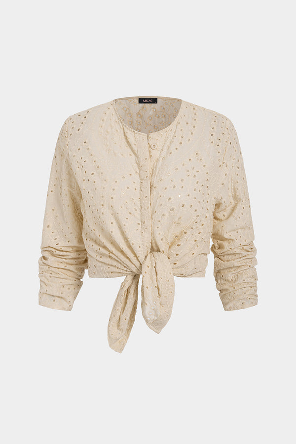 Blouse met borduursel, opengewerkt detail en lange mouwen
