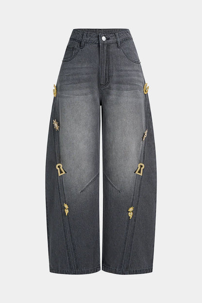 Denim jeans met metallic details en wijde pijpen