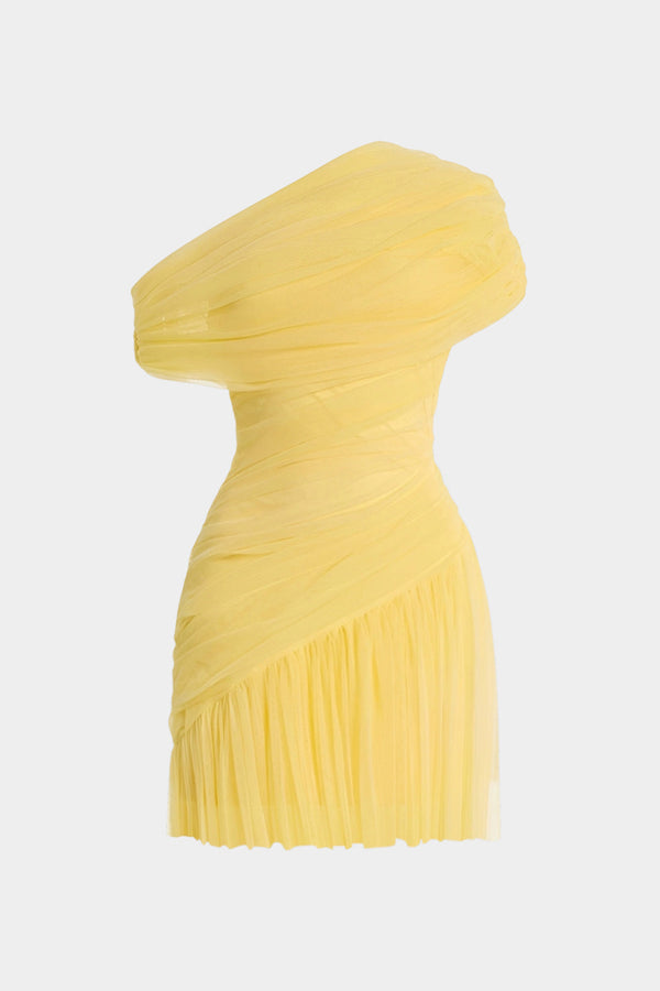 Mesh asymmetrische minijurk met één schouder en ruches