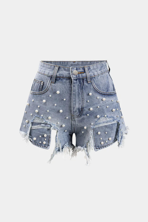 Denim shorts met hoge taille en kralen