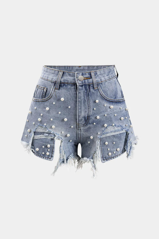 Denim shorts met hoge taille en kralen