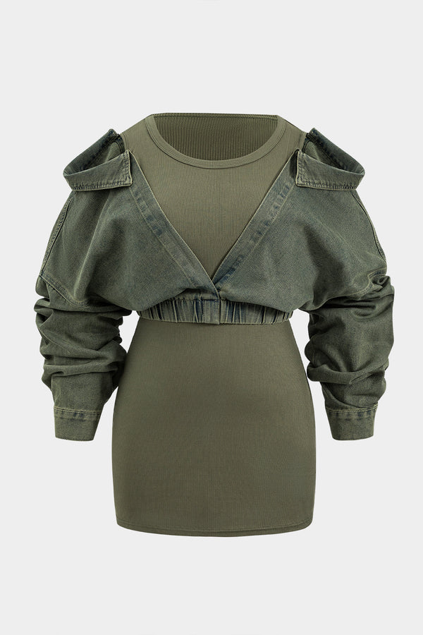 Rosa - Denim patchwork minijurk met lange mouwen