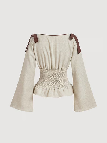 Khaki Blouse met Strik en Wijde Mouwen
