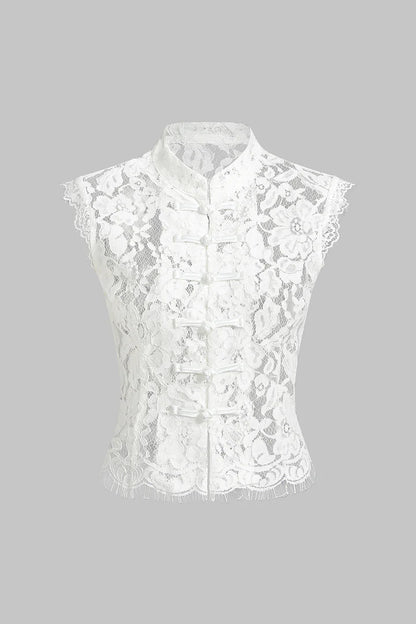 Kanten tanktop met col en knoopsluiting
