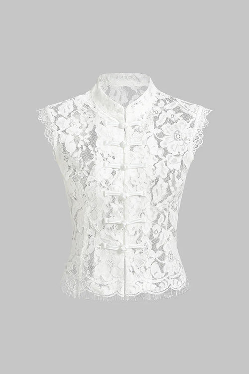 Kanten tanktop met col en knoopsluiting