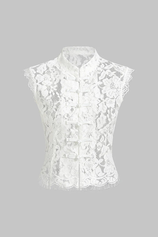 Kanten tanktop met col en knoopsluiting