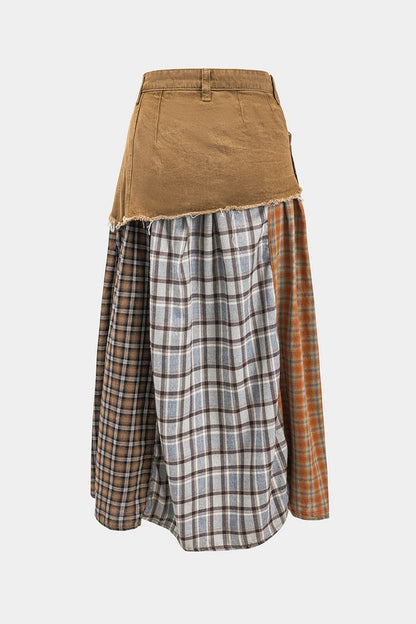 Asymmetrische rok van denim met kleurblokken en ruitprint