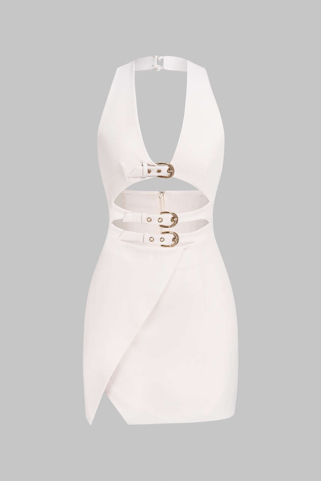 Metallic mouwloze minijurk met halternek en V-hals