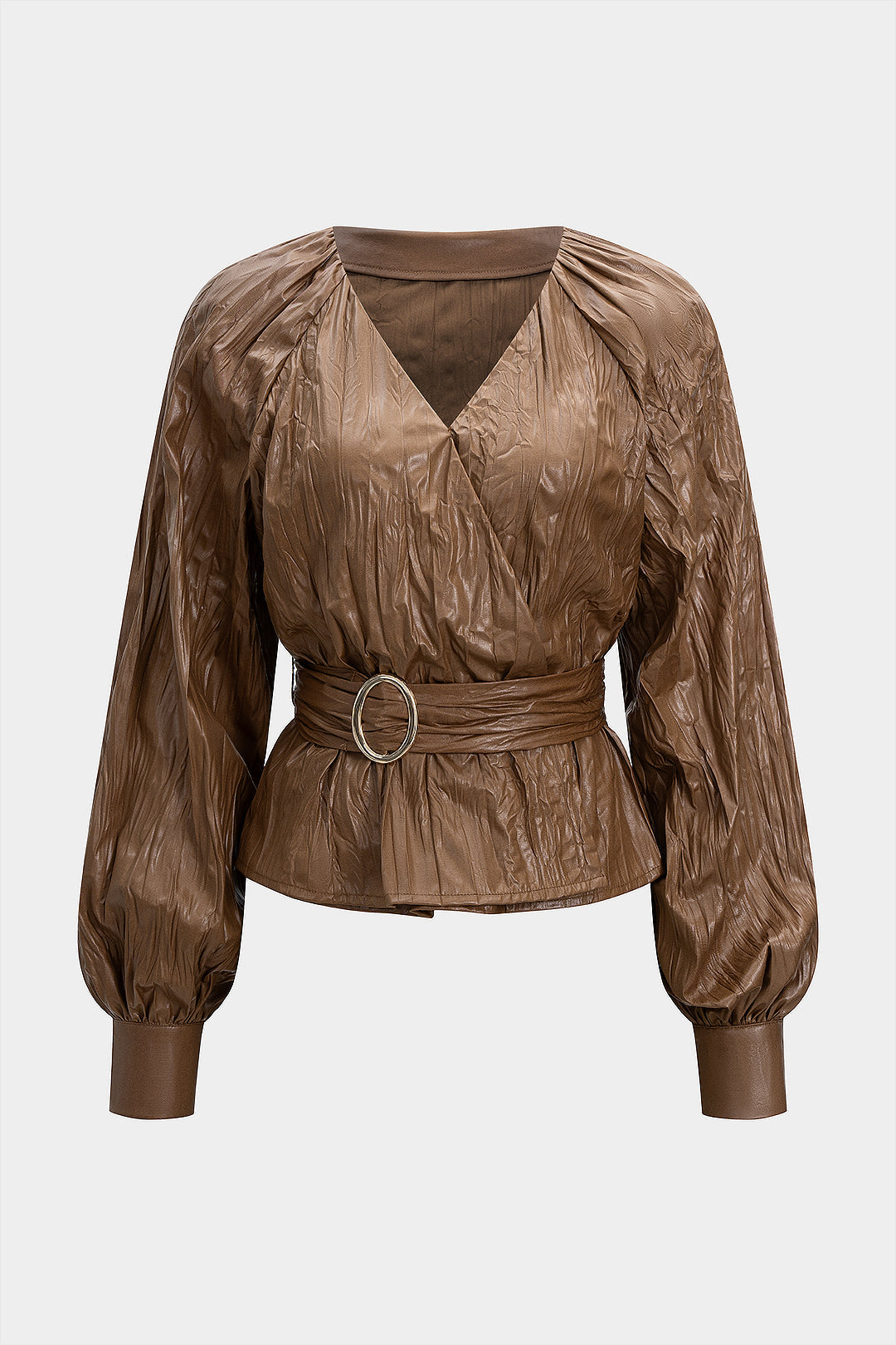Leren-look geplooide blouse met riem, V-hals en lange mouwen